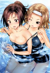 Rule 34 | 2girls, ;d, absurdres, artist name, assisted exposure, bare legs, bare shoulders, black one-piece swimsuit, blonde hair, blush, breasts, brown eyes, cleavage, clothes pull, collarbone, embarrassed, head tilt, headband, highres, hisasi, kurebayashi katsumi, medium breasts, multiple girls, narita ruu, off shoulder, official art, one-piece swimsuit, one-piece swimsuit pull, one eye closed, open mouth, partially submerged, photokano, ponytail, pool, pulling another&#039;s clothes, school swimsuit, short hair, smile, strap pull, surprised, swimsuit, thigh gap, wading, water, wavy hair, wavy mouth, yuri