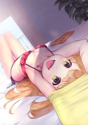 Rule 34 | 1girl, :d, bare shoulders, bikini, blonde hair, blue sky, blush, breasts, brown eyes, commentary request, curtains, day, dutch angle, fangs, heart, heart necklace, highres, idolmaster, idolmaster cinderella girls, indoors, jewelry, jougasaki rika, long hair, looking at viewer, lying, necklace, on back, open mouth, orange skirt, plaid, plaid skirt, pleated skirt, railing, red bikini, rin2008, side-tie bikini bottom, skirt, unworn skirt, sky, small breasts, smile, solo, sunlight, swimsuit, teeth, upper teeth only, very long hair
