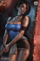 Rule 34 | 1girl, absurdres, against wall, artist name, black skirt, bleeding, blood, breasts, brown hair, clothes around waist, collarbone, cuts, dirty, finger on trigger, gun, handgun, highres, injury, jewelry, jill valentine, logan cure, looking to the side, necklace, panties, pantyshot, patreon logo, resident evil, resident evil 3, resident evil 3: nemesis, serious, short hair, skirt, solo, standing, strapless, suspenders, tube top, underwear, watermark, weapon, web address