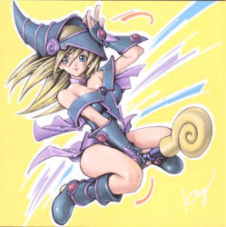 Rule 34 | 1girl, bare shoulders, blonde hair, blue eyes, blue footwear, boots, breasts, choker, cleavage, dark magician girl, duel monster, facial mark, fingerless gloves, gloves, hand on own head, hat, knee boots, large breasts, legs, long hair, lowres, monster (yu-gi-oh!), official art, pentacle, signature, smile, solo, staff, straddling, takahashi kazuki, wand, wind, wizard hat, yu-gi-oh!, yu-gi-oh! duel monsters