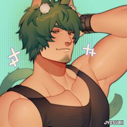 Rule 34 | 1boy, 700hash, animal ears, arm behind head, armpits, bara, black tank top, black wristband, cat boy, cat ears, cat tail, closed mouth, commission, dark-skinned male, dark skin, facial hair, facial mark, goatee, green background, green eyes, green hair, highres, looking at viewer, male focus, muscular, muscular male, original, pectoral cleavage, pectorals, portrait, simple background, smile, solo, tail, tank top, thick eyebrows
