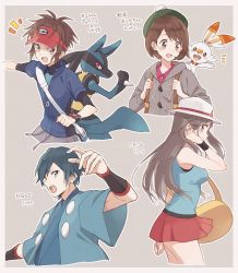 Rule 34 | 2boys, 2girls, ass, backpack, bad id, bad twitter id, bag, blue eyes, blue hair, breasts, brown eyes, brown hair, cardigan, creatures (company), falkner (pokemon), game freak, gen 4 pokemon, gen 8 pokemon, grey cardigan, hat, highres, leaf (pokemon), lucario, microskirt, multiple boys, multiple girls, nate (pokemon), nintendo, notice lines, on shoulder, open mouth, pokemon, pokemon (creature), pokemon bw2, pokemon frlg, pokemon hgss, pokemon on shoulder, pokemon swsh, scorbunny, skirt, tam o&#039; shanter, visor cap, wristband, yairo (sik s4)