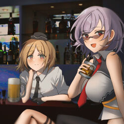 Rule 34 | 2girls, alcohol, beer, beer mug, black gloves, black necktie, blonde hair, breasts, brown eyes, cuffed, cup, garrison cap, girls&#039; frontline, glasses, gloves, grey hair, hat, highres, holding, holding cup, jewelry, large breasts, legs, looking at viewer, military, military hat, military uniform, mp40 (girls&#039; frontline), mug, multiple girls, necktie, non-web source, open mouth, phago, red eyes, red necktie, ring, shirt, short hair, short sleeves, sitting, smile, sunglasses, thompson (girls&#039; frontline), uniform, wedding ring, whiskey