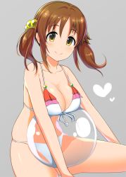 Rule 34 | 10s, 1girl, ball, bare shoulders, beachball, beads, bikini, blush, breasts, brown eyes, brown hair, cleavage, collarbone, commentary request, front-tie bikini top, front-tie top, grey background, heart, hip focus, idolmaster, idolmaster cinderella girls, large breasts, looking at viewer, mismatched bikini, multicolored bikini, multicolored clothes, natsuya (natuya777), sidelocks, simple background, sitting, smile, solo, swimsuit, thighs, totoki airi, twintails, white bikini