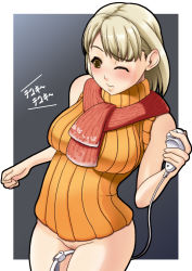 Rule 34 | 1girl, ashley graham, blonde hair, blush, bob cut, bottomless, breasts, brown eyes, controller, female masturbation, game console, game controller, masturbation, orange shirt, pussy, resident evil, resident evil 4, scarf, shirt, short hair, sleeveless, sleeveless turtleneck, solo, sweat, sweater, tomatto (@ma!), translated, turtleneck, uncensored, wii, wii nunchuk, wii remote, wiibrator, wince