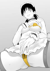 Rule 34 | 1girl, absurdres, alternate costume, apron, ass, bikini, black hair, blush, breasts, chainsaw man, embarrassed, enmaided, frills, highres, large breasts, looking at viewer, low twintails, maid, maid bikini, maid headdress, mitaka asa, monochrome, navel, panties, skirt, solo, spot color, swimsuit, thighs, twintails, unconventional maid, underwear, user tzwh8375