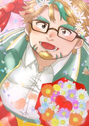Rule 34 | 1boy, :d, bara, bishie sparkle, blush, bouquet, facial hair, fat, fat man, flower, from above, glasses, goatee, green hair, hair flower, hair ornament, highres, hippolytus (housamo), holding, holding bouquet, horokeikam love, light brown hair, looking at viewer, looking up, male focus, multicolored hair, open mouth, short hair, sideburns, sideburns stubble, smile, solo, streaked hair, stubble, thick eyebrows, tokyo houkago summoners, two-tone beard, upper body, valentine
