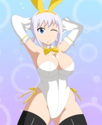 Rule 34 | 1girl, animal costume, animal ears, bare shoulders, blue eyes, breasts, cleavage, closed mouth, fairy tail, fake animal ears, hair ornament, highres, large breasts, legs, leotard, lisanna strauss, looking at viewer, one eye closed, playboy bunny, rabbit, rabbit ears, rabbit hair ornament, rabbit tail, short hair, smile, solo, thighhighs, thighs, trenganfinn29, white hair