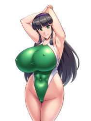 Rule 34 | 1girl, armpits, black hair, blonde hair, breasts, cameltoe, competition swimsuit, covered erect nipples, green eyes, hime cut, huge breasts, kawanuma uotsuri, long hair, one-piece swimsuit, original, simple background, smile, solo, swimsuit, very long hair, white background