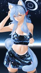 Rule 34 | absurdres, ako (blue archive), animal ear fluff, animal ears, blue archive, blue eyes, blue hair, blue skirt, breasts, cat ears, cat girl, cat tail, cleavage, crop top, crystal, crystal dress, ear piercing, hair between eyes, hair over breasts, hair over shoulder, hairband, halo, highres, kemonomimi mode, large breasts, long hair, looking at viewer, navel, piercing, simple background, skirt, sparkle, sparkle background, spread legs, stomach, tail, takie arts, thighhighs, very long hair