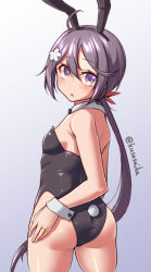 Rule 34 | 1girl, akebono (kancolle), animal ears, ass, black leotard, blush, bow, bowtie, breasts, bunny day, commentary request, cowboy shot, detached collar, fake animal ears, flower, from behind, grey background, hair flower, hair ornament, hand on own ass, highres, jewelry, kantai collection, leotard, long hair, looking at viewer, looking back, open mouth, playboy bunny, purple eyes, purple hair, rabbit ears, rabbit tail, ring, side ponytail, simple background, small breasts, strapless, strapless leotard, tail, twitter username, very long hair, wedding band, wrist cuffs, yuki to hana