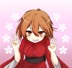 Rule 34 | 1girl, belt, black belt, breasts, brown eyes, brown hair, commentary request, floral background, flower, gradient background, hair between eyes, hands up, i.u.y, japanese clothes, kimono, light blush, long sleeves, looking at viewer, medium breasts, medium hair, misaka worst, open mouth, pink background, red kimono, smile, solo, teeth, toaru majutsu no index, toaru majutsu no index: old testament, upper body, upper teeth only, white flower, wide hips