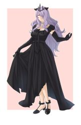Rule 34 | 1girl, alternate costume, breasts, camilla (fire emblem), camilla (light of nohr) (fire emblem), clothes lift, crown, dress, dress lift, elbow gloves, fire emblem, fire emblem fates, fire emblem heroes, full body, gloves, hair over one eye, highres, horns, jewelry, large breasts, long hair, looking at viewer, necklace, nintendo, pink background, pink eyes, pomelomelon, purple hair, ring, smile, solo, very long hair