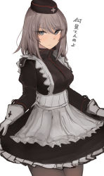 Rule 34 | 1girl, alternate costume, apron, black dress, black hat, blue eyes, closed mouth, commentary, cowboy shot, dress, enmaided, epaulettes, frilled apron, frilled dress, frills, garrison cap, girls und panzer, gloves, grey apron, grey gloves, grey hair, hat, high collar, highres, itsumi erika, light frown, long sleeves, looking at viewer, maid, maid apron, medium hair, necro (nekurodayo), pantyhose, simple background, skirt hold, solo, standing, translated, white background