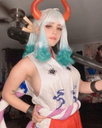 Rule 34 | 1girl, bracelet, breasts, bunni3png, clothes, cosplay, fake horns, gradient hair, highres, horns, jewelry, large breasts, long hair, looking at viewer, multicolored hair, no bra, one piece, over shoulder, ponytail, real life, red eyes, sideboob, solo, weapon, weapon over shoulder, yamato (one piece), yamato (one piece) (cosplay)