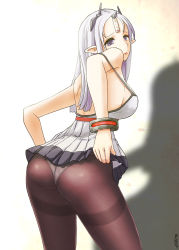 Rule 34 | 1girl, ass, babydoll, black pantyhose, breasts, closers, elsen, from behind, gradient background, levia (closers), long hair, looking back, ofuda, panties, panties under pantyhose, pantyhose, pointy ears, purple eyes, sideboob, silver hair, solo, strap slip, thighband pantyhose, underwear