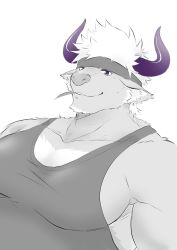 Rule 34 | 1boy, animal ears, bara, brown fur, camouflage, camouflage headwear, chest hair, cow ears, cow horns, furry, furry male, headband, highres, horns, ioenami, large pectorals, male focus, mature male, minotaur, mint, muscular, muscular male, pectoral cleavage, pectoral focus, pectorals, purple eyes, purple horns, shennong (housamo), short hair, sideburns, sidepec, smile, solo, spot color, tank top, tokyo houkago summoners, upper body, white hair