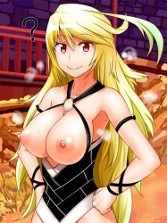 Rule 34 | 1girl, ?, ahoge, blonde hair, blush, breastless clothes, breasts, female focus, guchiota field, hands on own hips, large breasts, long hair, looking at viewer, milla maxwell, nipples, red eyes, smile, solo, sweat, tales of (series), tales of xillia