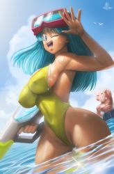 Rule 34 | 1girl, arm support, bald, bird, blue eyes, blue hair, blue sky, breasts, cleavage, cowboy shot, curvy, dragon ball, dragonball z, elite nappa, happy, highleg, highleg swimsuit, highres, kuririn, large breasts, long hair, looking at another, looking at viewer, maron (dragon ball), matching hair/eyes, muscular, muscular male, nipples, ocean, one-piece swimsuit, open mouth, salute, sky, smile, swimsuit, water gun, yellow one-piece swimsuit