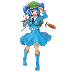 Rule 34 | 1girl, backpack, bag, blue eyes, blue hair, blush stickers, cucumber, female focus, full body, hair bobbles, hair ornament, hat, hat tip, highres, kawashiro nitori, key, kingin, matching hair/eyes, one eye closed, open mouth, randoseru, reeds, short hair, smile, solo, touhou, transparent background, twintails, two side up, v