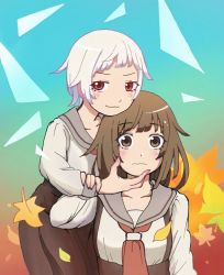 Rule 34 | 2girls, alternate eye color, alternate form, alternate hairstyle, autumn leaves, bakemonogatari, blue background, blush, brown eyes, brown hair, brown skirt, commentary, confused, cotton 1186, determined, dual persona, embarrassed, furrowed brow, gradient background, green background, hand on another&#039;s arm, hand on another&#039;s face, leaf, looking at viewer, maple leaf, medium hair, monogatari (series), multiple girls, neckerchief, orange background, raised eyebrows, red eyes, red neckerchief, school uniform, sengoku nadeko, serafuku, shards, short hair, skirt, smug, suspender skirt, suspenders, white hair, zoku owarimonogatari, zokuowarimonogatari