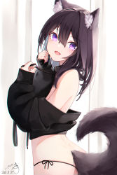 Rule 34 | 1girl, absurdres, animal collar, animal ear fluff, animal ears, ass, bare shoulders, black collar, black hair, black panties, black shirt, blush, collar, commentary request, curtains, dated, hair between eyes, hands up, head tilt, highres, indoors, leash, long hair, long sleeves, looking at viewer, looking to the side, mayogii, nail polish, original, panties, puffy long sleeves, puffy sleeves, purple eyes, purple nails, shirt, side-tie panties, signature, sleeves past wrists, solo, tail, underwear, white background