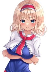 Rule 34 | 1girl, alice margatroid, arms under breasts, blonde hair, blue eyes, breasts, closed mouth, crossed arms, frilled hairband, frills, hairband, highres, large breasts, lolita hairband, looking at viewer, red hairband, reijing etrn, short hair, simple background, solo, touhou, upper body, white background