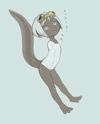 Rule 34 | 1girl, 9243, no arms, blue eyes, colored skin, female focus, full body, goggles, goggles on head, grey skin, highres, monster girl, one-piece swimsuit, original, short hair, solo, swimsuit, tadpole tail, webbed feet, white hair