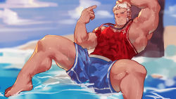 Rule 34 | 1boy, absurdres, arm behind head, arm up, bara, beach, beckoning, blue male swimwear, blush, bulge, come hither, commentary request, facial hair, foot out of frame, goatee, guoguo, highres, index finger raised, large pectorals, lifeguard, long sideburns, looking at viewer, male focus, male swimwear, mature male, muscular, muscular male, original, pectorals, presenting, print shirt, reaching, reaching towards viewer, red tank top, shirt, short hair, sideburns, sidepec, solo, spread legs, stomach, swim trunks, tank top, thick thighs, thighs, water, wet, wet clothes, whistle, whistle around neck, white hair