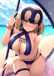 Rule 34 | 1girl, bare arms, bare shoulders, bikini, blonde hair, blue sky, blush, breasts, cleavage, cloud, collarbone, covered erect nipples, day, embarrassed, eyebrows, fate/grand order, fate (series), full-face blush, headpiece, highres, holding, holding staff, jeanne d&#039;arc (fate), jeanne d&#039;arc alter (avenger) (fate), jeanne d&#039;arc alter (fate), large breasts, layered bikini, layered swimsuit, leaning forward, looking at viewer, oyaji-sou, purple bikini, ruler (fate/grand order), scrunchie, short hair, sky, solo, sparkle, staff, standing, summer, swimsuit, tassel, thigh gap, thigh strap, wavy mouth, wrist scrunchie, yellow eyes