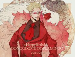 Rule 34 | 1boy, 2023, absurdres, ascot, bird, black flower, black shirt, blonde hair, character name, dated, donquixote doflamingo, earrings, english text, flower, formal, happy birthday, highres, jewelry, looking at another, male focus, one piece, patterned background, peacock, red ascot, red flower, red rose, red suit, rose, shirt, short hair, sk c ii, smile, suit, sunglasses, upper body