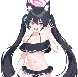 Rule 34 | 1girl, absurdres, animal ears, bikini, black bikini, black hair, blue archive, blush, cat ears, commentary request, cowboy shot, flat chest, frilled bikini, frills, green ribbon, hair ribbon, halo, halterneck, hand up, highres, long hair, looking at viewer, navel, official alternate costume, open mouth, pink eyes, pink halo, ribbon, serika (blue archive), serika (swimsuit) (blue archive), shiroharo, simple background, smile, solo, swimsuit, twintails, very long hair, white background