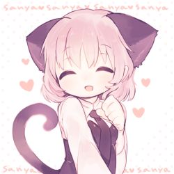 Rule 34 | 1girl, :d, ^ ^, animal ears, blush, cat ears, cat tail, character name, closed eyes, facing viewer, heart, long sleeves, military, military uniform, necktie, okayu (headless), open mouth, paw pose, sanya v. litvyak, short hair, silver hair, smile, solo, strike witches, tail, uniform, world witches series