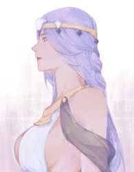 Rule 34 | 1girl, absurdres, alternate form, bare shoulders, braid, breasts, chinese commentary, circlet, collar, commentary request, dress, expressionless, final fantasy, final fantasy xiv, from side, green eyes, half updo, highres, large breasts, llymlaen, long hair, looking down, metal collar, profile, purple hair, sideboob, simple background, single braid, sleeveless, sleeveless dress, solo, upper body, white background, white dress, wo dou gao shi&#039;er shennu