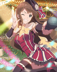 Rule 34 | 10s, 1girl, bow, brown hair, confetti, detached sleeves, foreshortening, frills, grey eyes, grin, hat, i-1 club, iwasaki shiho, leg up, long hair, microphone, official art, one eye closed, smile, solo, stage, stage lights, striped, sweat, thigh strap, thighhighs, vertical stripes, wake up girls!, wake up girls! stage no tenshi, zettai ryouiki