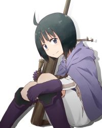 Rule 34 | 1girl, ahoge, amatori chika, black hair, boots, closed mouth, gloves, gun, holding, kagiana, looking at viewer, purple eyes, short hair, simple background, smile, solo, uniform, weapon, white background, world trigger