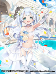 Rule 34 | 1girl, :d, animal, arm up, bare shoulders, bird, blue eyes, blue sky, blush, bouquet, bra, bridal veil, bride, cloud, cloudy sky, collarbone, commentary request, day, dove, elbow gloves, flower, garter straps, gloves, hair flower, hair ornament, head tilt, jewelry, long hair, looking at viewer, necklace, official art, open mouth, outdoors, panties, pearl necklace, pool, silver hair, sky, smile, solo, standing, thighhighs, twintails, underwear, underwear only, veil, very long hair, water, watermark, white bra, white flower, white gloves, white panties, white thighhighs, yuko (uc yuk), z/x
