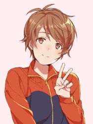 Rule 34 | 10s, 1boy, bad id, bad twitter id, brown eyes, brown hair, chagama-chan, jacket, ji guang-hong, lowres, male focus, matching hair/eyes, short hair, simple background, smile, solo, tan background, track jacket, upper body, v, yuri!!! on ice