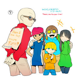 Rule 34 | &gt; &lt;, 2girls, 3boys, ?, numbuh 5, animification, aqua eyes, arm around shoulder, arms behind back, bald, bilingual, black hair, blonde hair, blue eyes, blunt bangs, blush, braid, cartoon network, closed eyes, codename: kids next door, earrings, english text, everyone, goggles, grin, hand on shoulder, hat, hogarth pennywhistle gilligan jr, numbuh 2, index finger raised, jewelry, numbuh 3, laughing, looking back, mixed-language text, multiple boys, multiple girls, numbuh 1, open mouth, oversized clothes, pantyhose, parted lips, simple background, sleeves past wrists, smile, sunglasses, t k g, translation request, numbuh 4, white background