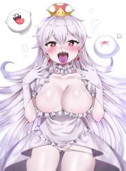 Rule 34 | 1girl, absurdres, bad id, bad pixiv id, blush, boo (mario), breasts, choker, cleavage, collarbone, colored tongue, commentary request, crown, dress, frilled choker, frilled dress, frills, gloves, hair between eyes, heart, heart-shaped pupils, highres, konsom, large breasts, long hair, looking at viewer, luigi&#039;s mansion, mario (series), new super mario bros. u deluxe, nintendo, open mouth, pale skin, partially visible vulva, princess king boo, purple tongue, red eyes, sharp teeth, silver hair, simple background, solo, super crown, symbol-shaped pupils, teeth, tongue, tongue out, very long hair, white background, white choker, white dress, white gloves