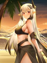 Rule 34 | 1girl, absurdres, arknights, beach, bikini, black bikini, black hair, blush, breasts, chinese commentary, closed mouth, cowboy shot, demon horns, from side, gaosu gong lu, grey hair, hair ornament, highres, horns, infection monitor (arknights), long hair, looking at viewer, material growth, medium breasts, mudrock (arknights), mudrock (silent night) (arknights), multicolored hair, ocean, official alternate costume, oripathy lesion (arknights), outdoors, palm tree, pointy ears, red eyes, sarong, sash, see-through, sideboob, smile, solo, standing, sunset, swimsuit, tree, two-tone hair, wet