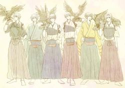 Rule 34 | 10s, akagi (kancolle), bird, genderswap, genderswap (ftm), hakama, hakama short skirt, hakama skirt, hawk, highres, hiryuu (kancolle), japanese clothes, kaga (kancolle), kantai collection, male focus, multiple boys, muneate, muted color, neziren14, short hair, shoukaku (kancolle), skirt, souryuu (kancolle), tasuki, zuikaku (kancolle)
