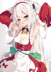 Rule 34 | 1girl, animal ears, apron, armpits, arms behind head, azur lane, bell, blue eyes, breasts, cat ears, cleavage, commentary request, detached collar, detached sleeves, eyes visible through hair, fang, hammann (azur lane), hammann (holy night surprise!) (azur lane), highres, long hair, long sleeves, looking at viewer, maid apron, maid headdress, open mouth, sidelocks, small breasts, solo, tears, unacchi (nyusankin), white hair