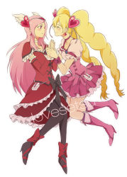 Rule 34 | 00s, 2girls, ^ ^, bad id, black legwear, blonde hair, blush, boots, bow, choker, closed eyes, cure passion, cure peach, dress, earrings, fresh precure!, hair ornament, heart, heart hair ornament, higashi setsuna, highres, holding hands, jewelry, knee boots, long hair, magical girl, momozono love, multiple girls, negom, pantyhose, pink bow, pink footwear, pink hair, precure, red eyes, simple background, smile, twintails, waist bow, white choker, yuri