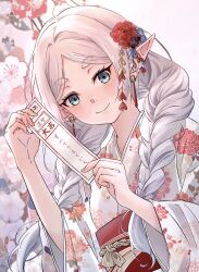 Rule 34 | 1girl, alternate hairstyle, black flower, blue flower, blush, braid, cherry blossoms, closed mouth, commentary, dutch angle, elf, english commentary, floral background, floral print, flower, frieren, green eyes, hair flower, hair ornament, hair over shoulder, highres, holding, holding paper, japanese clothes, kimono, long hair, long sleeves, looking at viewer, obi, obijime, omichi 1219, omikuji, paper, parted bangs, pointy ears, red flower, red sash, sash, smile, solo, sousou no frieren, teardrop earrings, translated, twin braids, upper body, white background, white hair, white kimono
