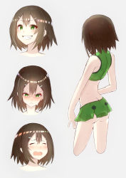 Rule 34 | &gt;:&lt;, 1boy, :&lt;, ass, bad id, bad pixiv id, baka to test to shoukanjuu, blush, brown hair, butt crack, crossdressing, green eyes, grin, hair ornament, hairclip, highres, kinoshita hideyoshi, male focus, nero2, open mouth, simple background, smile, solo, tears, trap, v-shaped eyebrows