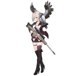 Rule 34 | 1girl, ballista (girls&#039; frontline), belt, bird, black footwear, black jacket, black skirt, blouse, boots, breasts, brown eyes, choker, cleavage, collarbone, eyes visible through hair, fn ballista, full body, girls&#039; frontline, gun, hair between eyes, high heel boots, high heels, holding, holding weapon, jacket, large breasts, long sleeves, official art, pleated skirt, prototype design, rifle, scope, shirt, short hair, sidelocks, silver hair, single thighhigh, skirt, sniper rifle, solo, stiletto boots, stiletto heels, suisai (suisao), thigh strap, thighhighs, transparent background, weapon, white shirt