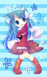 Rule 34 | 1girl, ana (rznuscrf), animal ears, bad id, bad pixiv id, blue hair, boots, darun-chan, full body, no nose, original, oversized clothes, red scarf, scarf, simple background, skirt, sleeves past wrists, smile, solo, striped, striped background