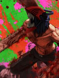 Rule 34 | 1boy, belt, black pants, blood, brown belt, chainsaw, chainsaw man, collarbone, commentary request, denji (chainsaw man), fangs, highres, hybrid, male focus, multicolored background, narushi sasu, open mouth, pants, solo, teeth, topless male
