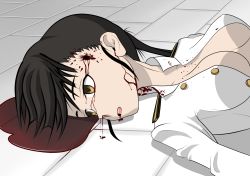 Rule 34 | 1girl, black hair, bleeding, blood, breasts, death, empty eyes, guro, headshot, image sample, jatts, military, military uniform, nosebleed, open clothes, pixiv sample, ponytail, sakamoto mio, solo, strike witches, unbuttoned, uniform, world witches series, yellow eyes